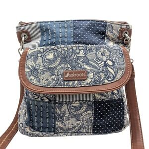 Sakroots Crossbody Bag Blue Patchwork Floral Print Leather Trim Long Strap